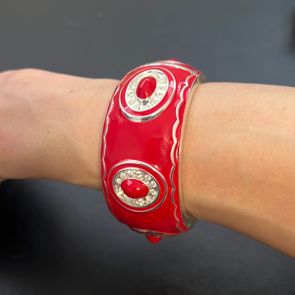 Vintage Silver and Red Enamel Hinged Bangle Bracelet, CZ Diamonds, Retro